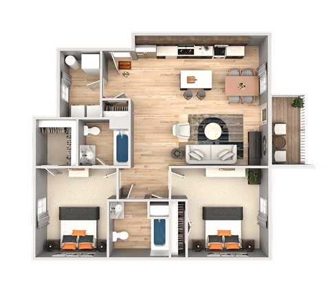 A top-down view of a house layout with two bedrooms, a living room, a kitchen, and a bathroom.